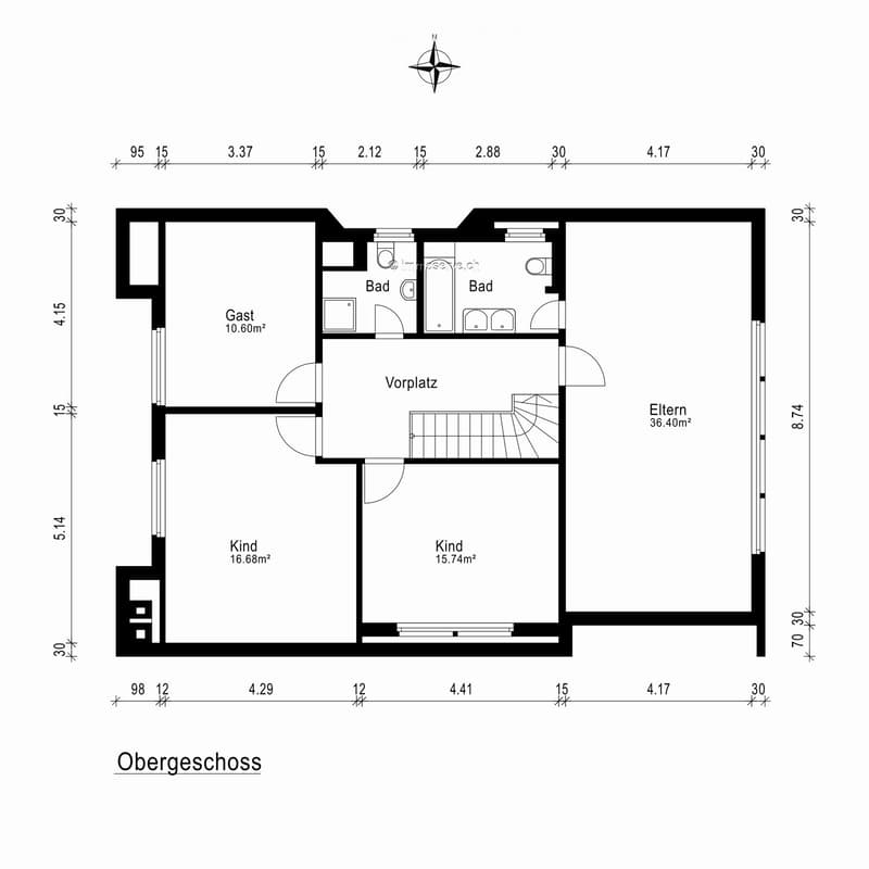 Floor plan of the upper floor showing a guest room, two bathrooms, a hallway, two children's rooms, and a master bedroom.