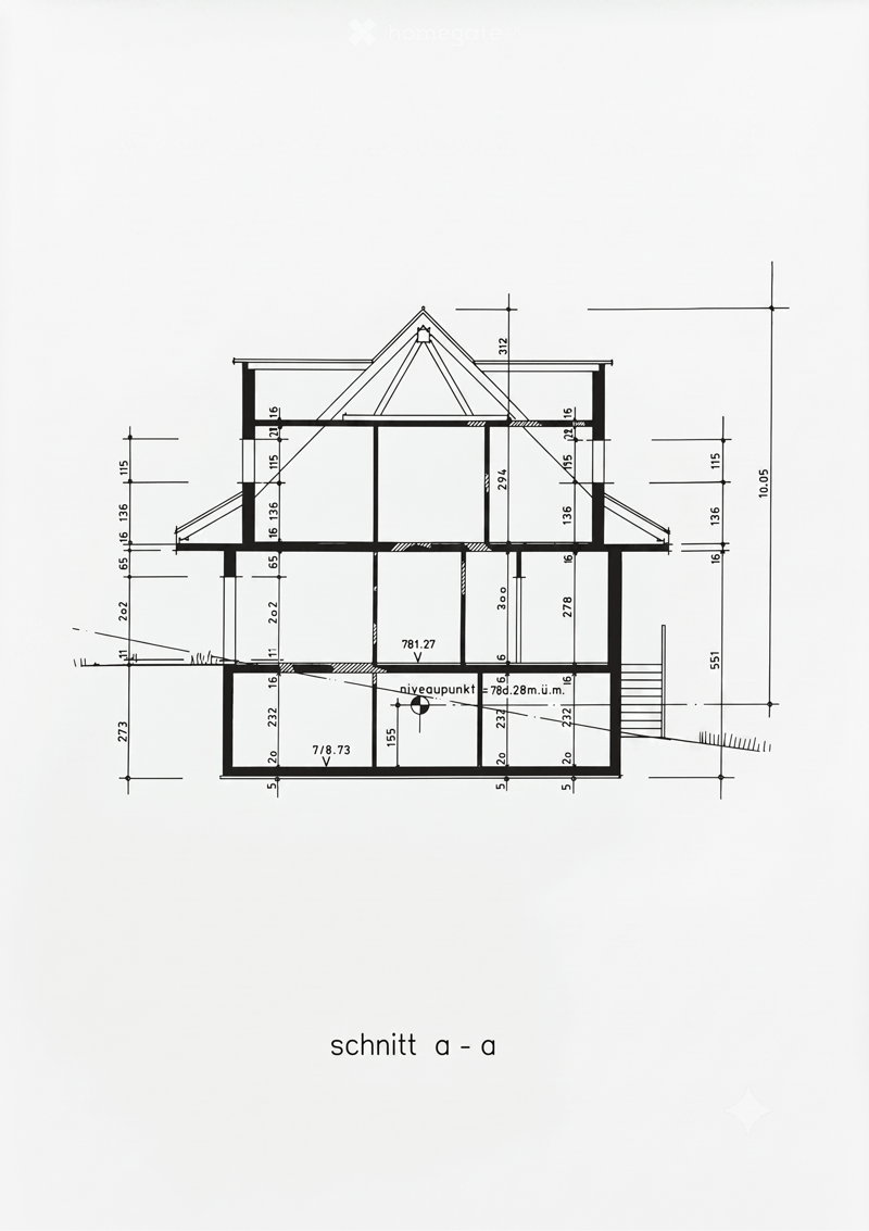 Architectural floor plan showing a cross-section of a building with labeled dimensions and structural elements.