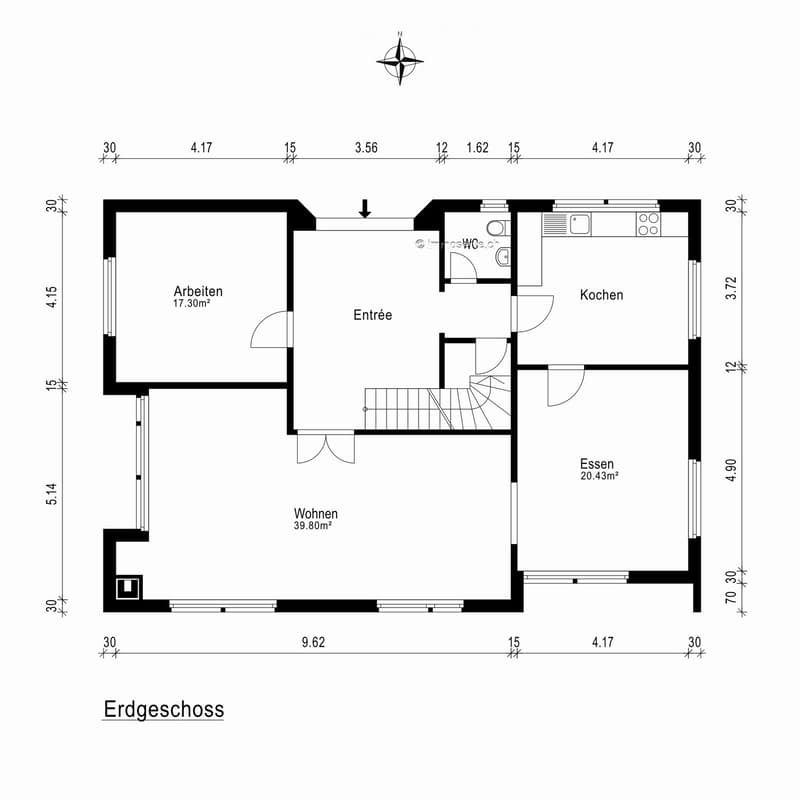 Ground floor layout showing entrance, living room, dining area, kitchen, and work area with dimensions and room labels.