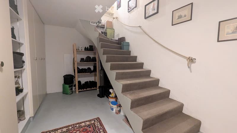A narrow hallway with a carpeted staircase leading upwards, white walls, framed pictures, and storage shelves with shoes and other items.