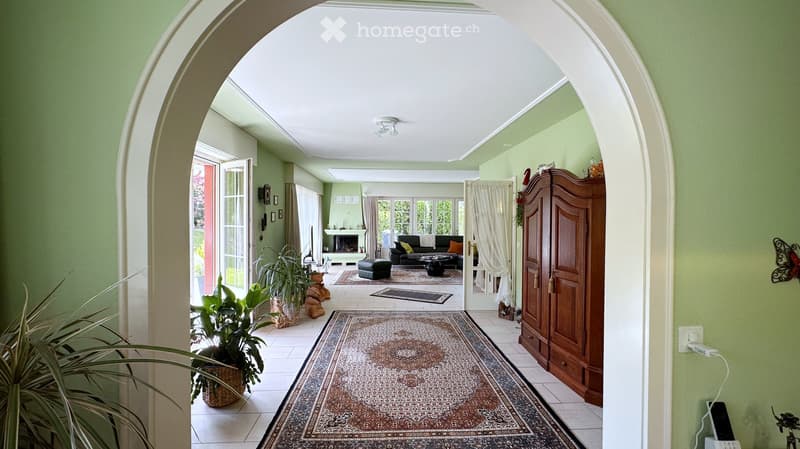 Bright hallway with arched ceiling, leading to a living room area with sofa, coffee table, and fireplace. Green walls, patterned rug, and potted plants visible.