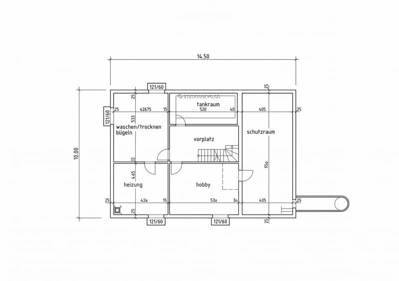 Floor plan showing a basement layout with labeled areas including 'tankraum', 'vorplatz', 'schutzraum', 'waschen/trocknen bügeln', 'heizung', and 'hobby'.
