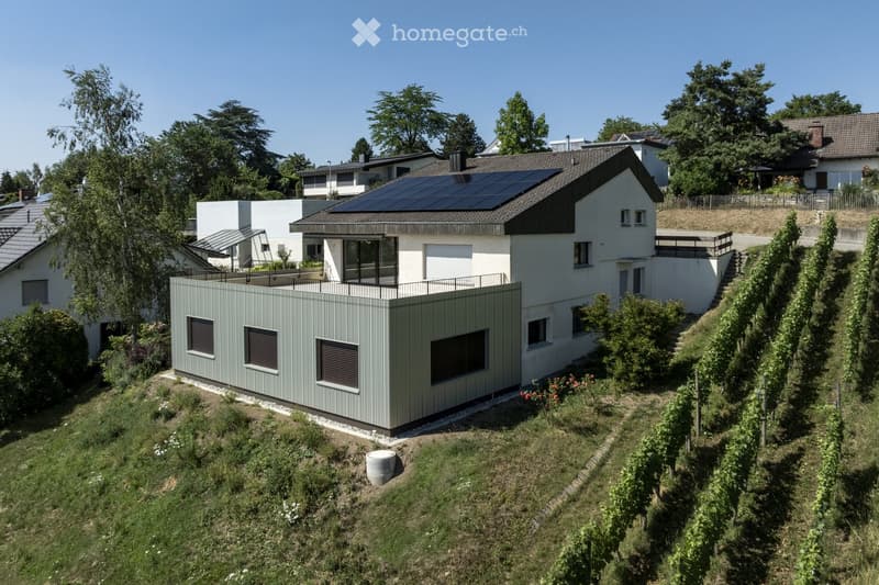 Modern two-story house with white walls, dark roof, solar panels, and a raised ground floor section with a green facade.