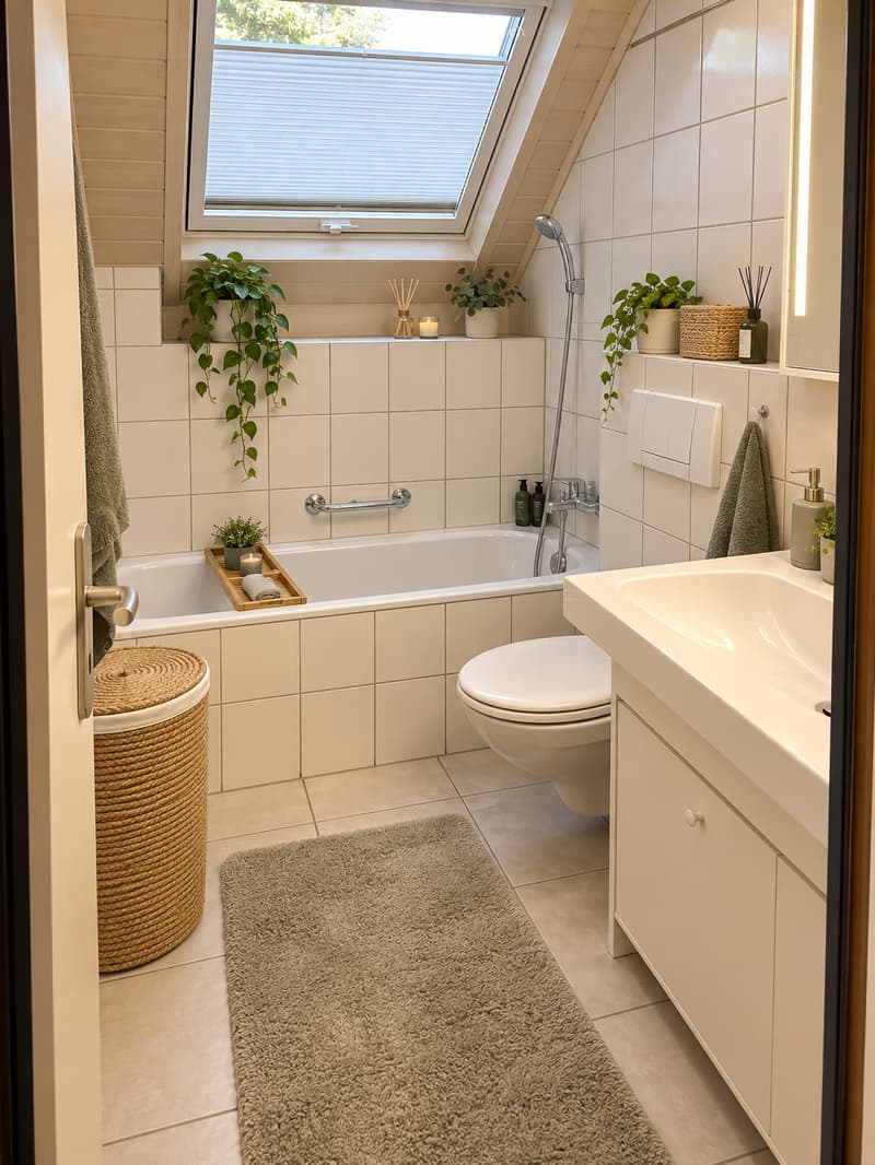 Modern bathroom with white tiles, a bathtub, toilet, sink, and a skylight window. Includes decorative plants, candles, and a wicker basket on the shelves.