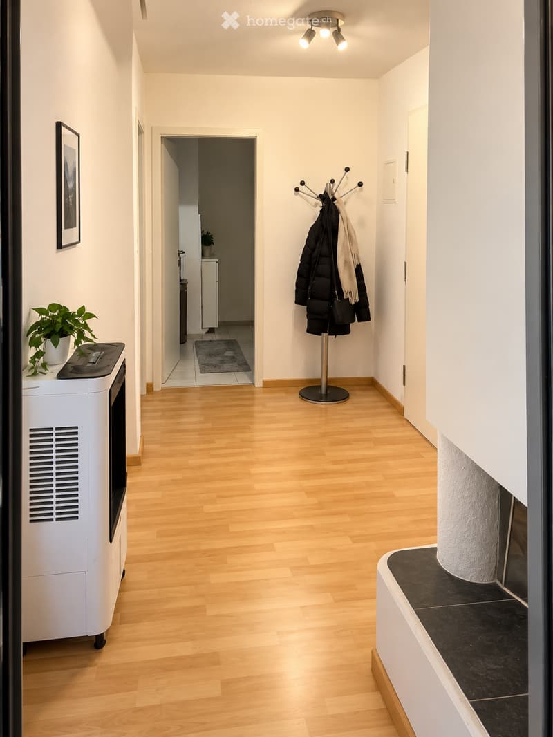 A clean, well-lit hallway with wooden flooring, white walls, and a coat rack holding jackets and a scarf. A small plant sits on a white cabinet, and a framed picture hangs on the wall. The hallway leads to another room with a visible rug and a small table