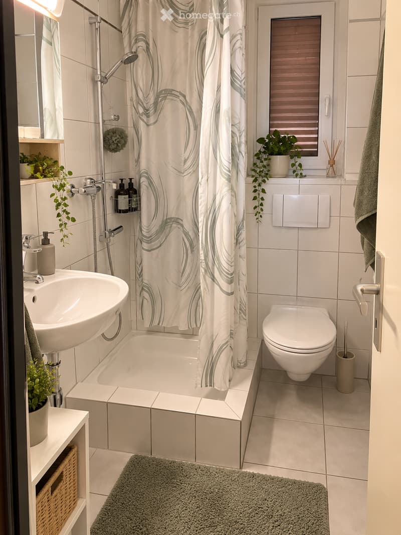 Modern bathroom with white tiles, a bathtub with a shower curtain, a sink with a mirror, a toilet, and decorative plants on the windowsill and shelf.