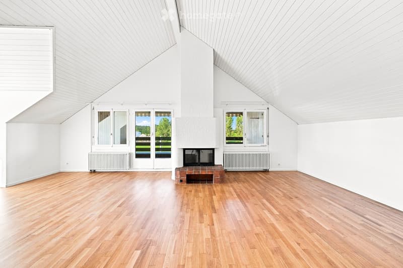 Bright, empty room with wooden flooring, white walls, and a fireplace. Large windows and doors provide natural light and access to the outdoors.
