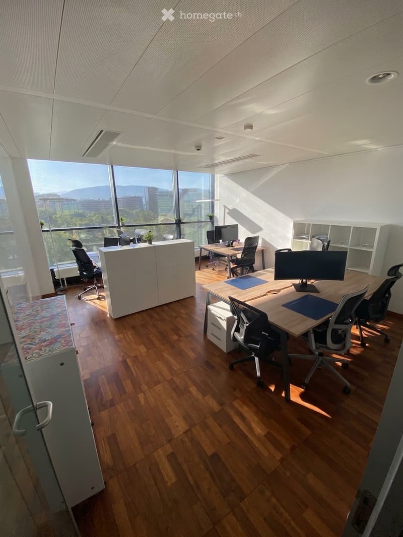 Modern office space with wooden flooring, large windows offering a city view, desks, chairs, computer monitors, and storage cabinets.