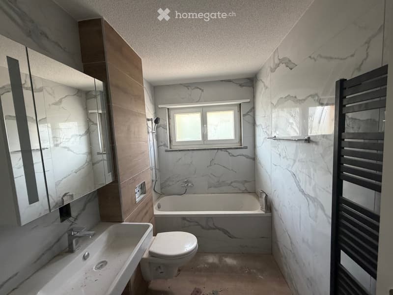 Modern bathroom with marble walls and floors, featuring a sink, toilet, bathtub, mirror, shower, and radiator.