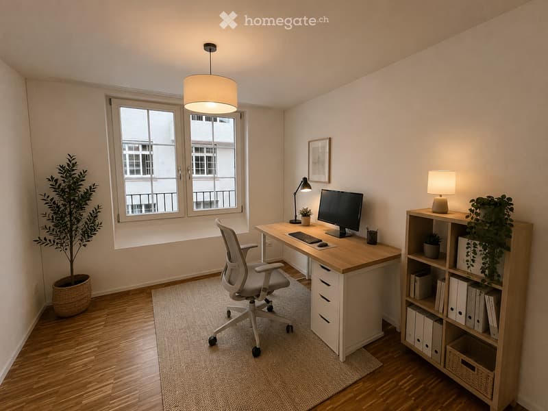 A modern, well-lit home office with a wooden desk, ergonomic chair, computer setup, and shelving unit. Features include a large window with a view, a hanging pendant light, and decorative plants.