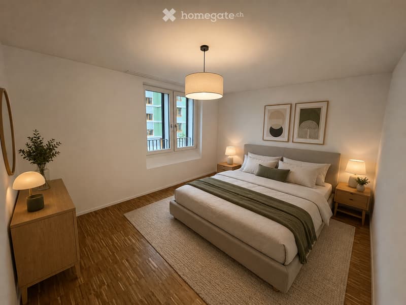 Modern bedroom with a large bed, nightstands, lamps, a mirror, artwork, and a plant near the window.