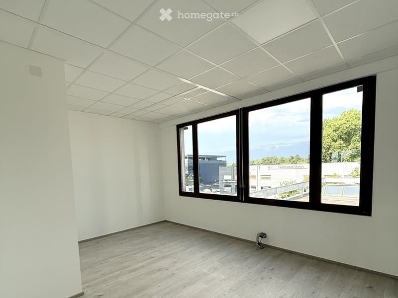 Empty room with white walls, light wooden flooring, and large windows offering a view of the outside area.