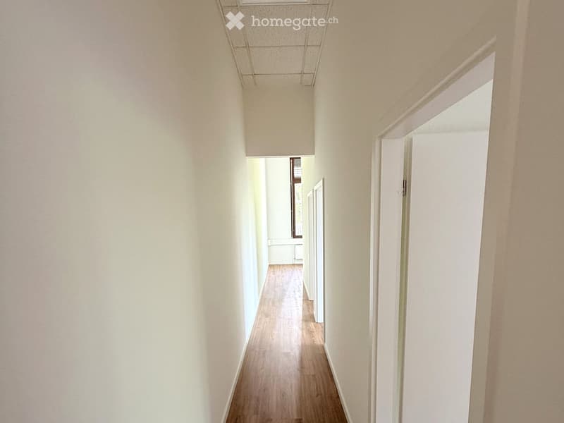 Empty hallway with light-colored walls, wooden flooring, and white doors.