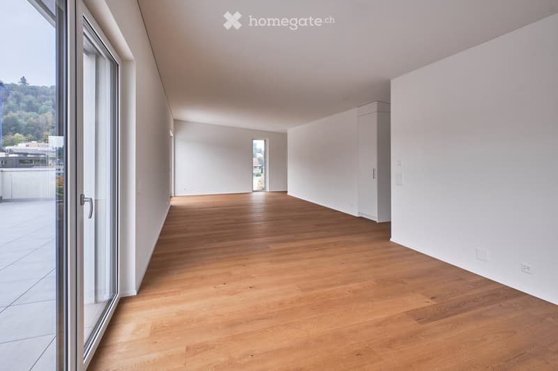 Empty room with wooden flooring, white walls, large windows, and a view of greenery outside.