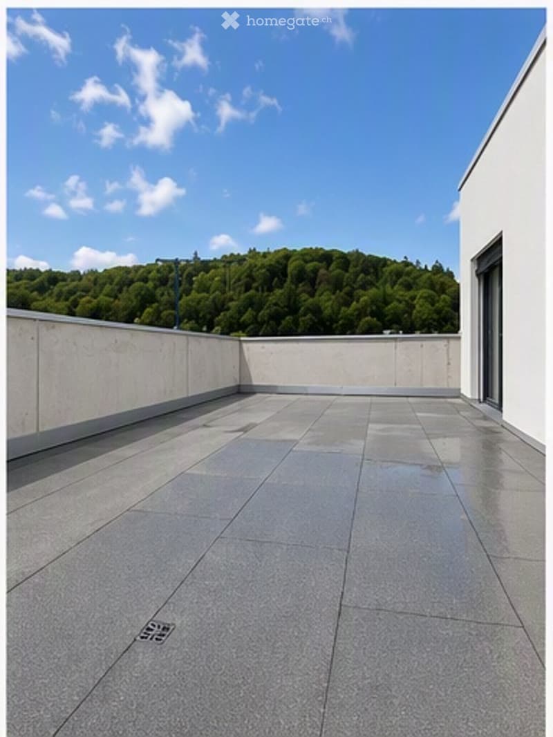 Roof terrace with smooth concrete tiles, low concrete walls, and a scenic view of a green forested hill under a partly cloudy sky.