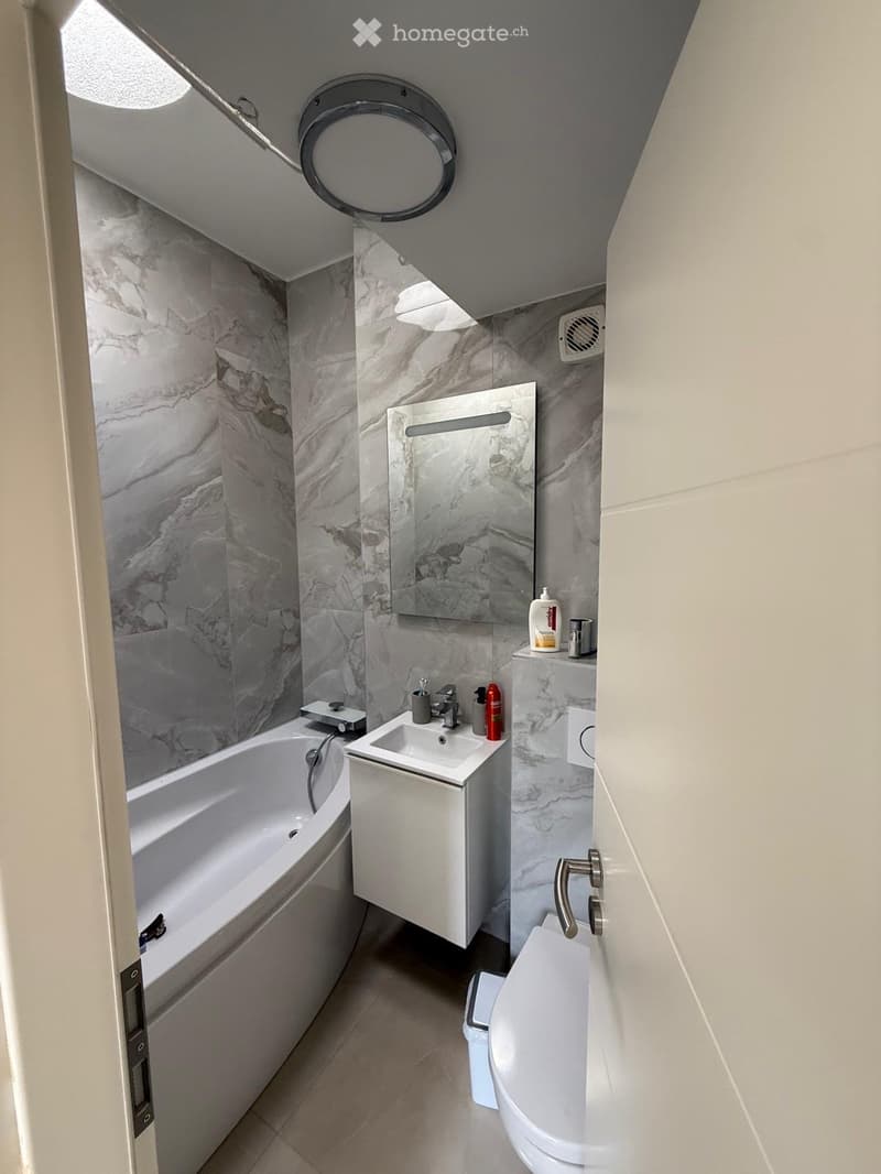 Modern bathroom with marble walls, a bathtub, a sink with a cabinet, a toilet, and a mirror above the sink. The space is well-lit with a skylight and features a sleek, contemporary design.