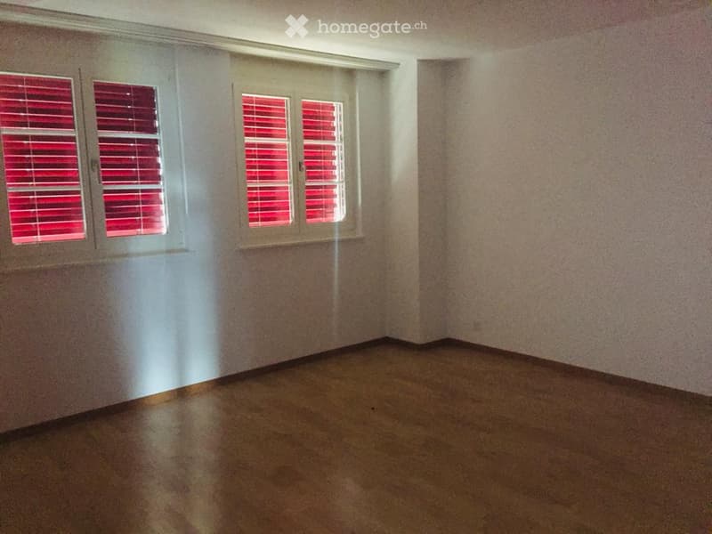 Empty room with light-colored walls, wooden flooring, and two windows with red blinds.