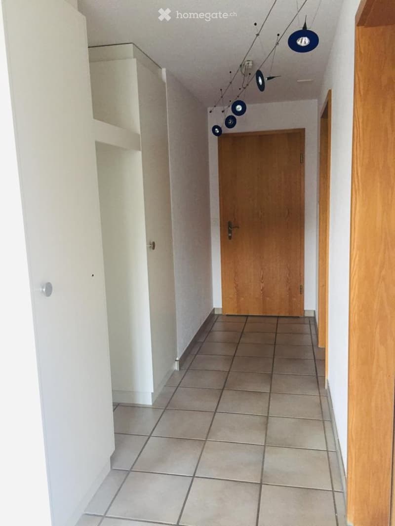 A clean, modern hallway with tiled flooring, white walls, and a wooden door at the end. The space features built-in white shelving on one side and a decorative hanging light fixture above.