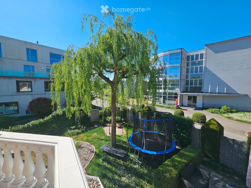 Garden area with a trampoline, a tree, neatly trimmed bushes, and a modern building in the background.