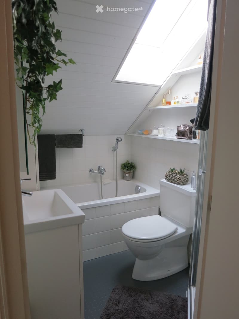 Modern bathroom with white tiles, a bathtub, toilet, sink, and a skylight window. Includes towels, a small plant, and toiletries on the shelf.