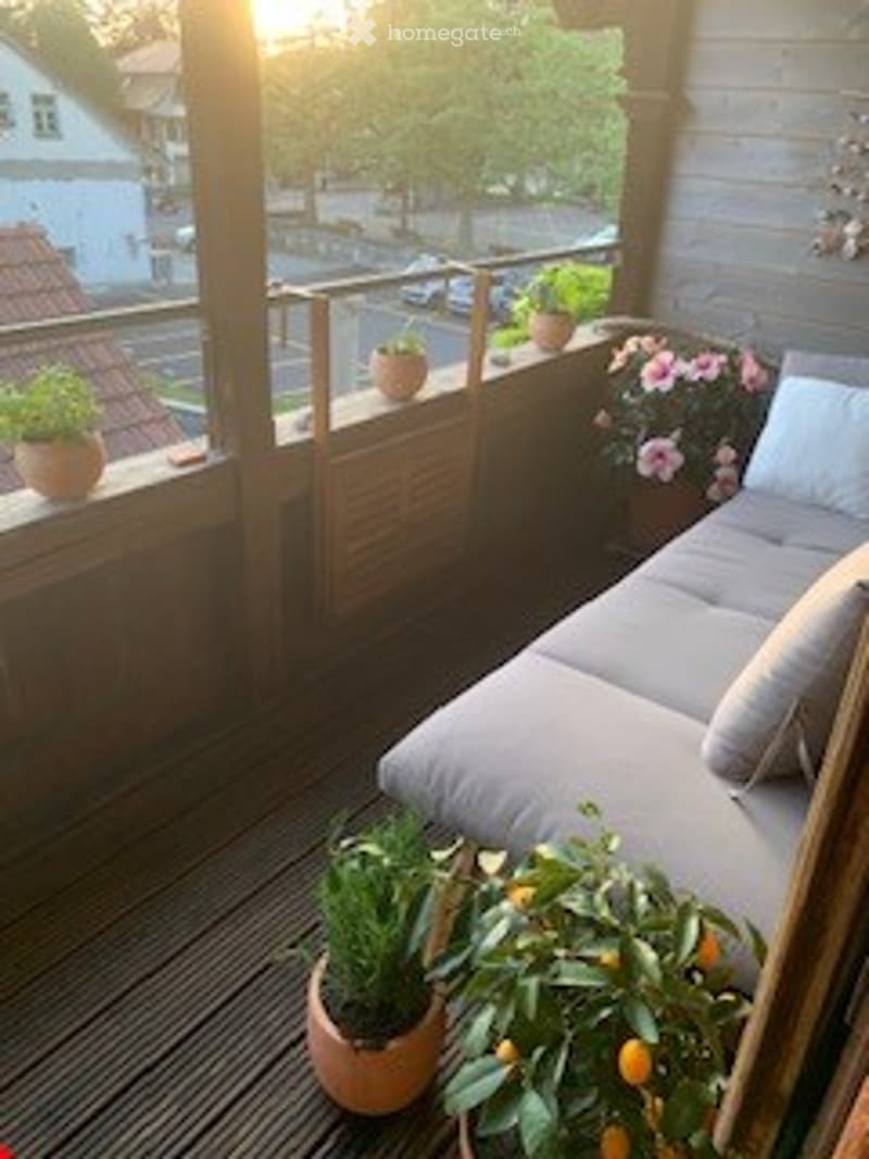 Balcony with wooden decking, grey sofa, several potted plants, and a view of the street.