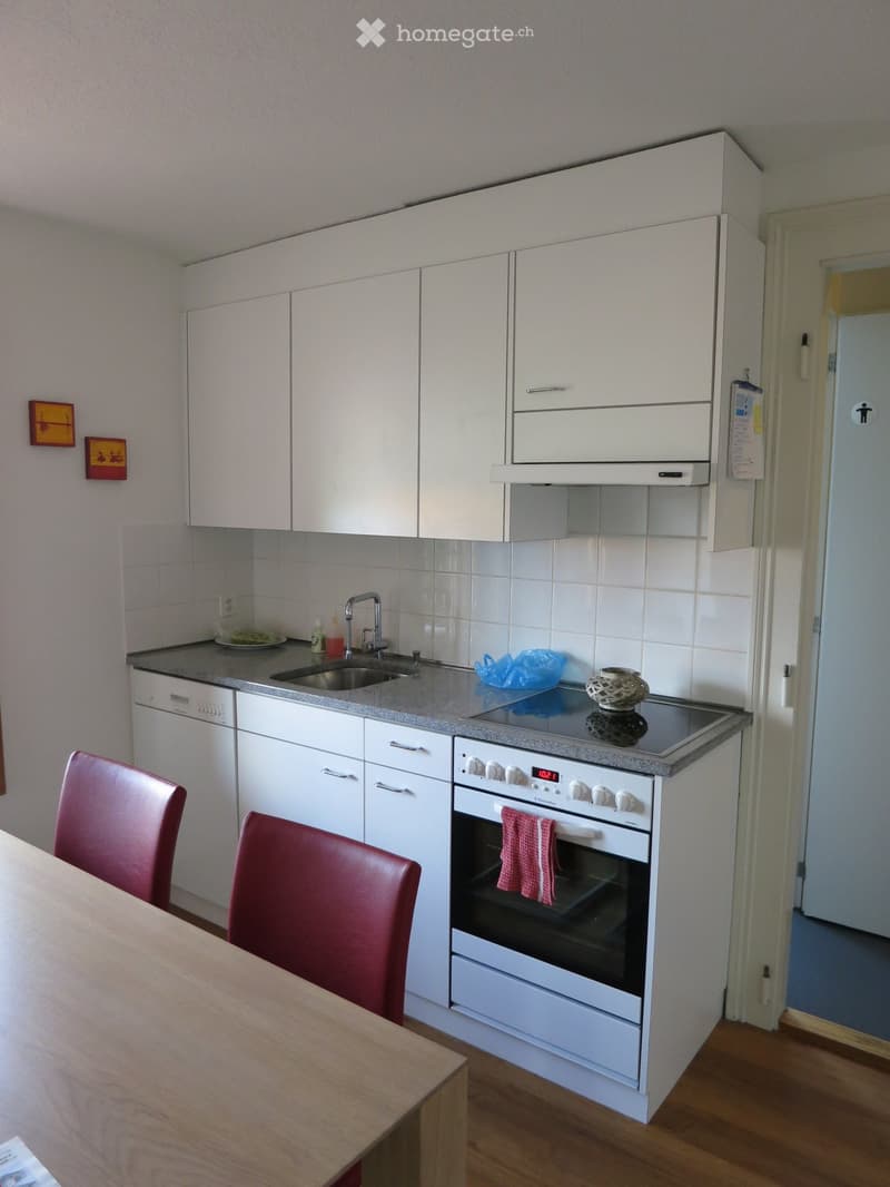 Modern kitchen with white cabinets, stainless steel appliances, a wooden dining table with red chairs, and a countertop with a sink, faucet, and decorative items.