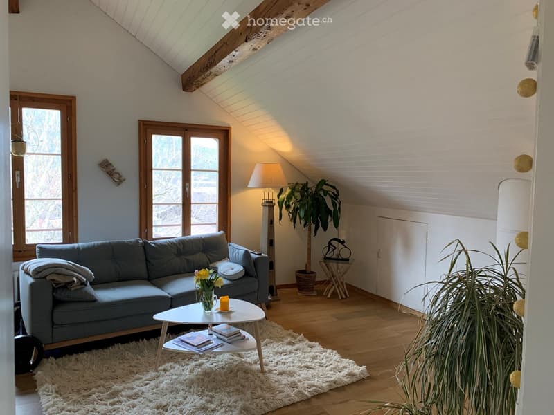 Cozy living room with a grey sofa, white coffee table, floor lamp, and plants. The room features wooden floors, large windows, and a slanted ceiling.