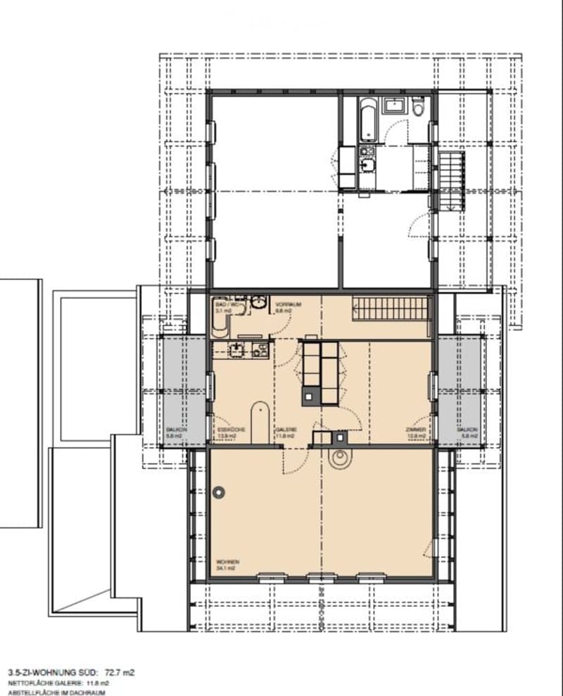 Floor plan of a 72.7 m² apartment featuring a living room, kitchen, two bedrooms, and two bathrooms. The layout includes a hallway, a balcony, and a separate entrance area.
