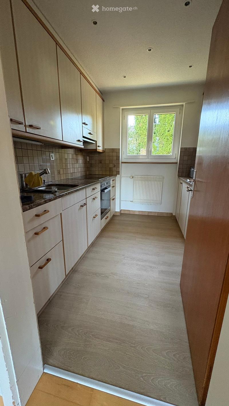 Empty kitchen with white cabinets, wooden handles, tiled backsplash, and a window overlooking greenery. The floor is light wood, and the space is clean and uncluttered.