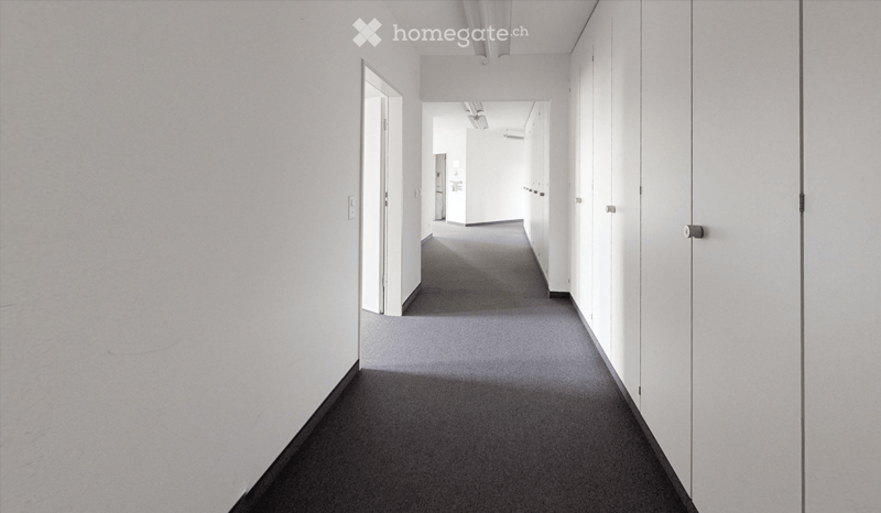 A clean, modern hallway with white walls, grey carpeted flooring, and several closed doors along both sides.