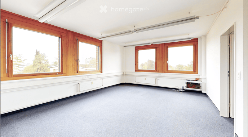 Empty room with white walls, large wooden-framed windows, grey carpeted floor, and a small electrical box in the corner.