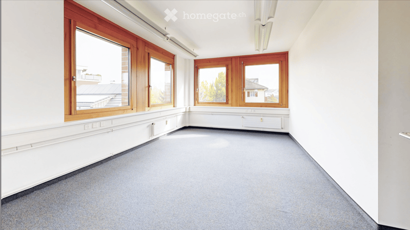 Empty room with white walls, grey carpeted floor, large windows with wooden frames, and built-in storage units along the wall.