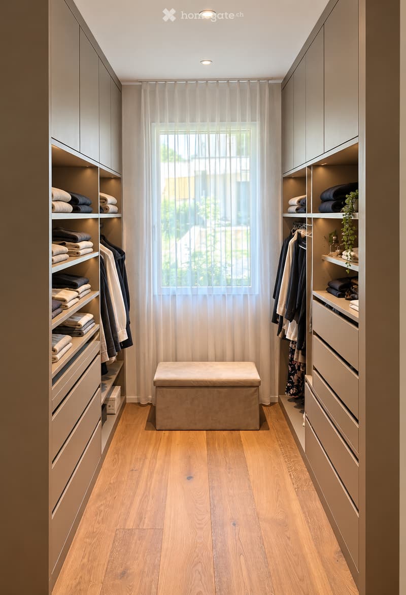 Modern walk-in closet with built-in wardrobes, shelves, and a central bench. The space features light wood flooring, neutral tones, and a large window with sheer curtains.