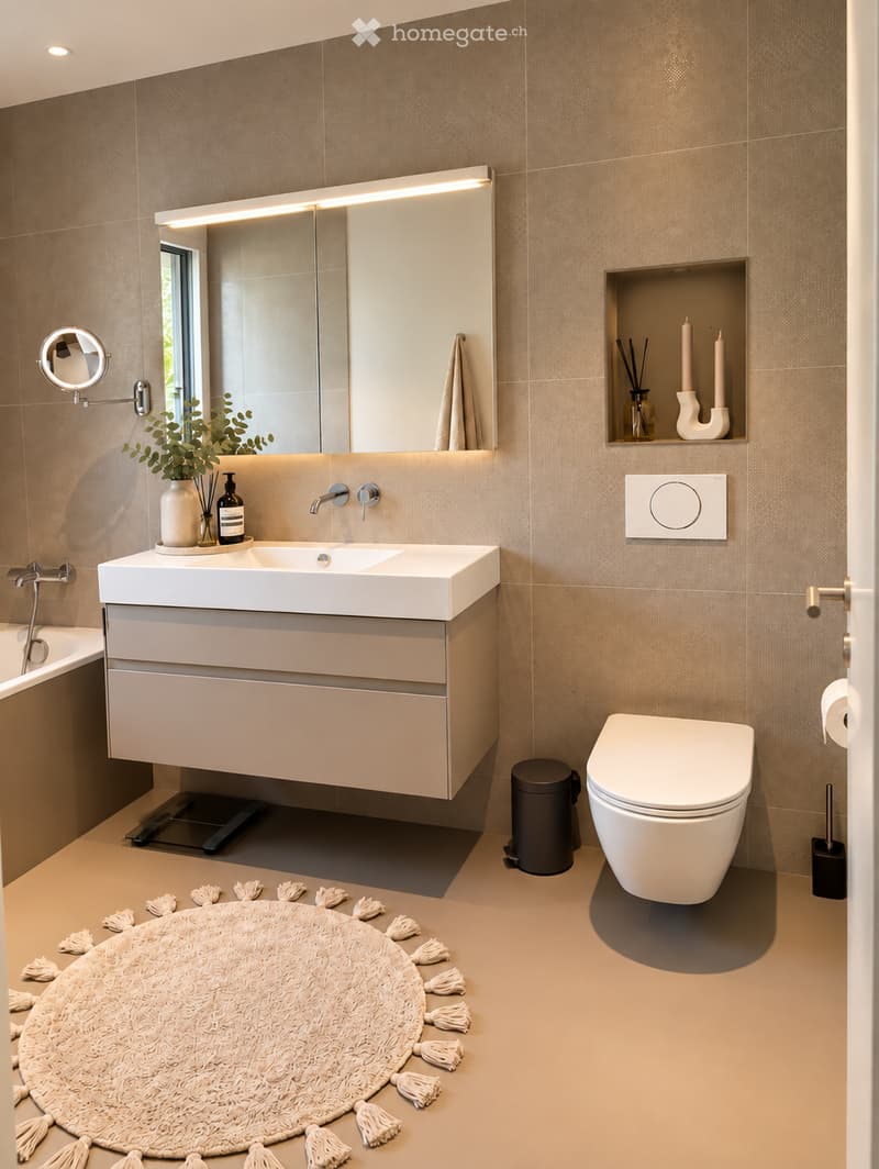 Modern bathroom with beige tiles, a large sink with a modern faucet, a sleek mirror with built-in lighting, a toilet, a small trash can, a round rug with tassels, and decorative candles on a shelf.