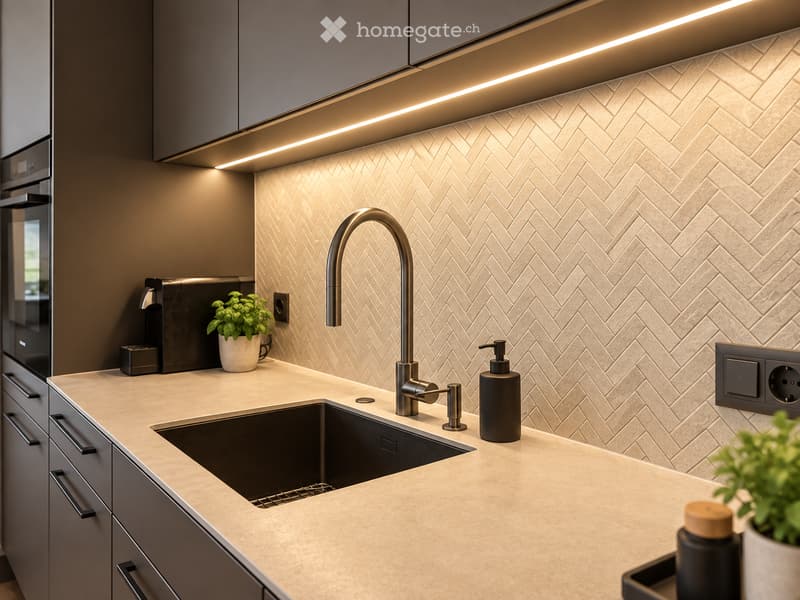 Modern kitchen with a sleek, light-colored countertop, a stainless steel faucet, a built-in sink, and a coffee maker on the counter. The backsplash features a herringbone pattern in a light, textured tile.