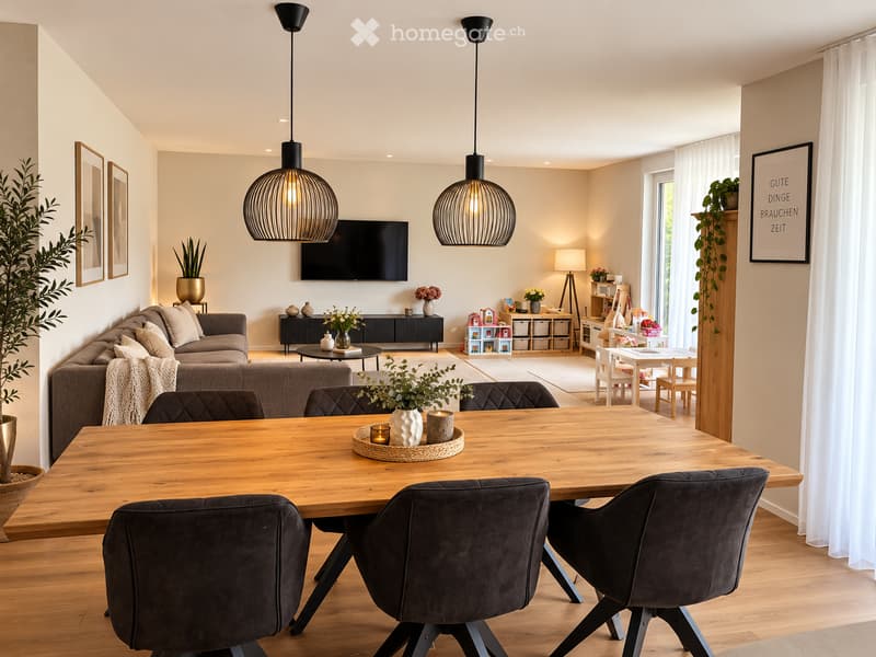 Bright, open living and dining area with wooden flooring, large windows, and modern decor. Features a grey sofa, wooden dining table with dark chairs, pendant lights, and decorative plants.