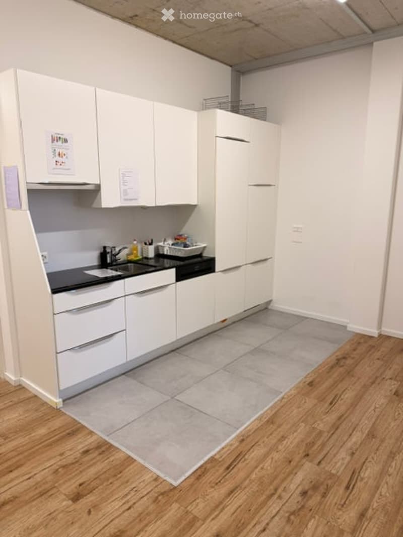 Modern kitchen with white cabinets, black countertops, and a wooden floor. Includes a sink, faucet, and a refrigerator.