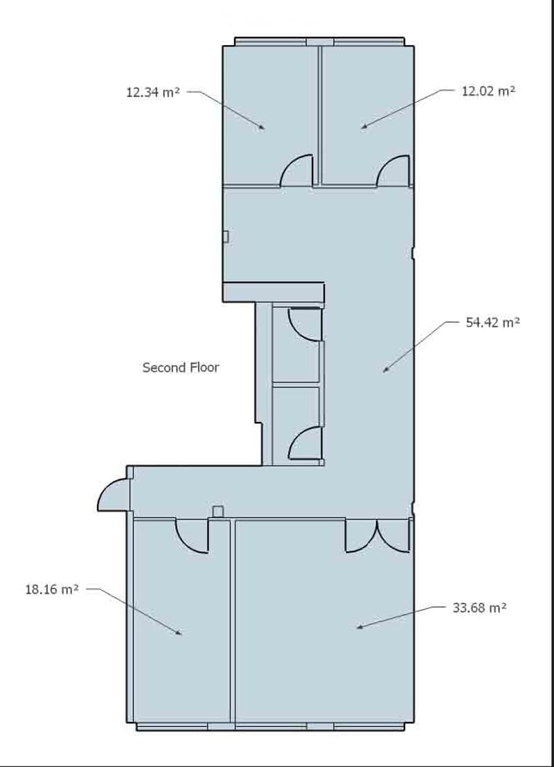 Floor plan of a two-story building with labeled room sizes: 12.34 m², 12.02 m², 54.42 m², 18.16 m², and 33.68 m².