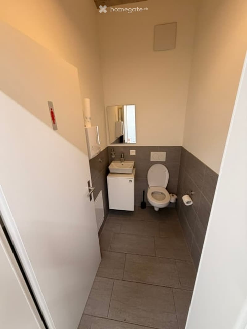 Compact bathroom with a white sink, toilet, mirror, and small cabinet. The walls are painted in a light beige color with a darker lower section, and the floor is tiled in a neutral tone.