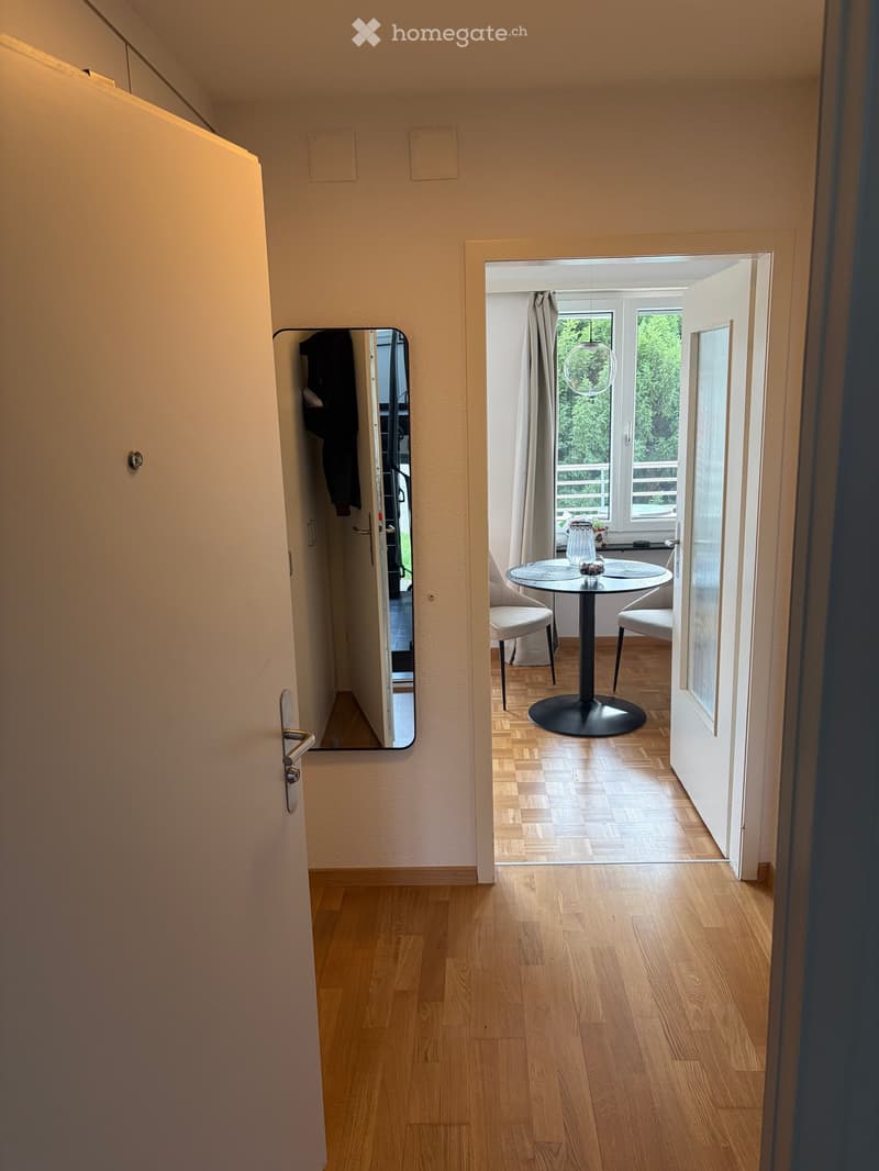 A narrow hallway with light wooden flooring, leading to a dining area with a round glass table, chairs, and a hanging pendant light. A mirror is mounted on the left wall, and a coat is hanging on a hook.