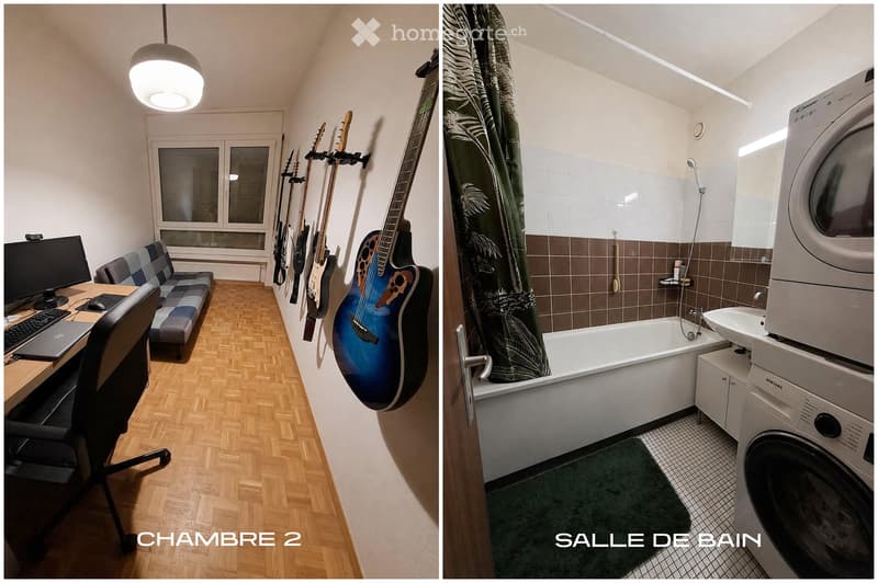 The left image shows a furnished room with a wooden floor, a sofa, a desk with a laptop, a chair, and several guitars mounted on the wall. The right image shows a bathroom with a bathtub, a sink, a washing machine, and a shower curtain.