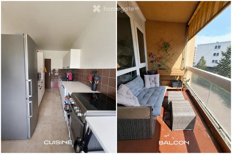 Modern kitchen with white cabinets, stainless steel appliances, and a countertop. The adjacent balcony features a seating area with cushions, a wicker chair, and potted plants.