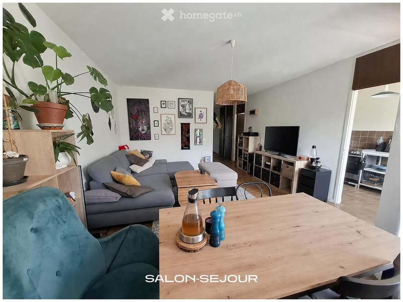 A modern living room with a grey sofa, wooden coffee table, pendant light, and a dining table with chairs. The room features a plant, picture frames on the wall, and a television in the background.