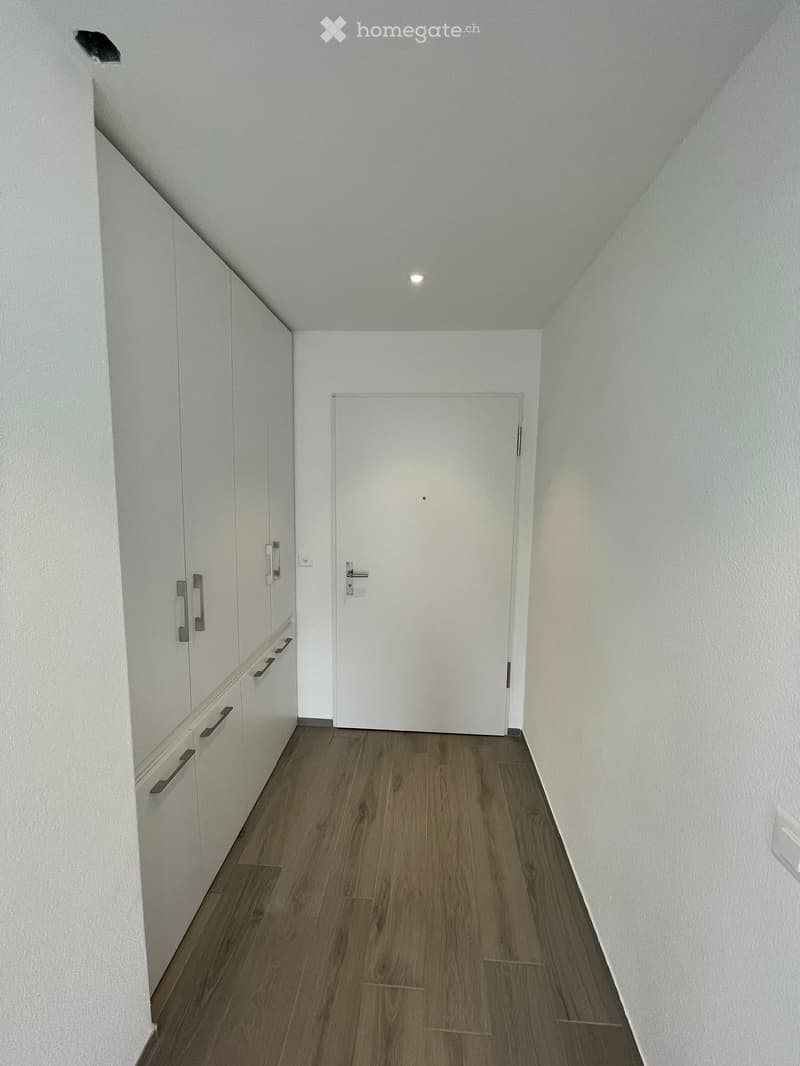 Empty hallway with white walls, wooden flooring, and a white door at the end.