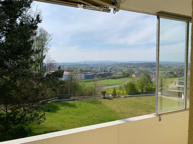 Balcony with a panoramic view of a cityscape, green fields, and distant mountains. The balcony has a white railing and is framed by large glass windows.