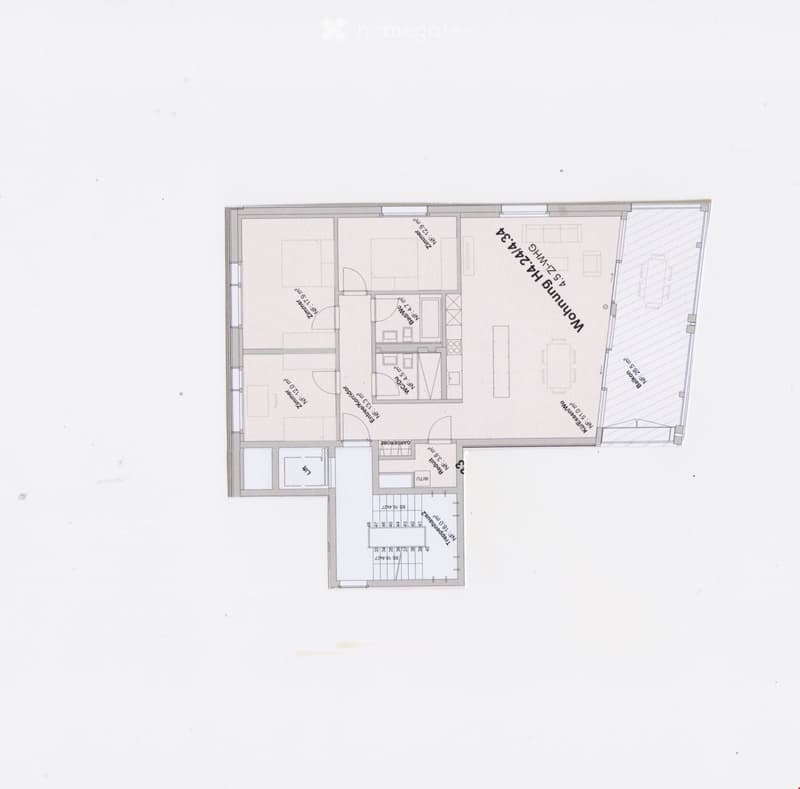 Floor plan of a residential unit showing a living room, dining area, kitchen, two bedrooms, and two bathrooms.