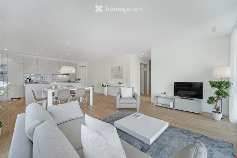Modern, open-concept living and dining area with light grey furniture, white coffee table, grey sofa, armchair, dining table with chairs, and a television on a stand. The space features light wood flooring, white walls, and contemporary decor including po