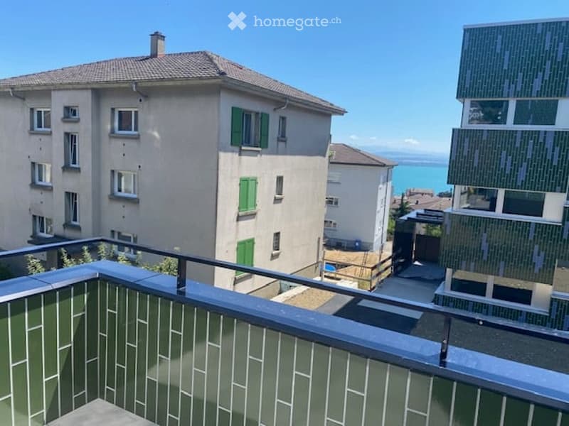 Balcony overlooking a residential area with multiple buildings, green shutters, and a distant lake view.