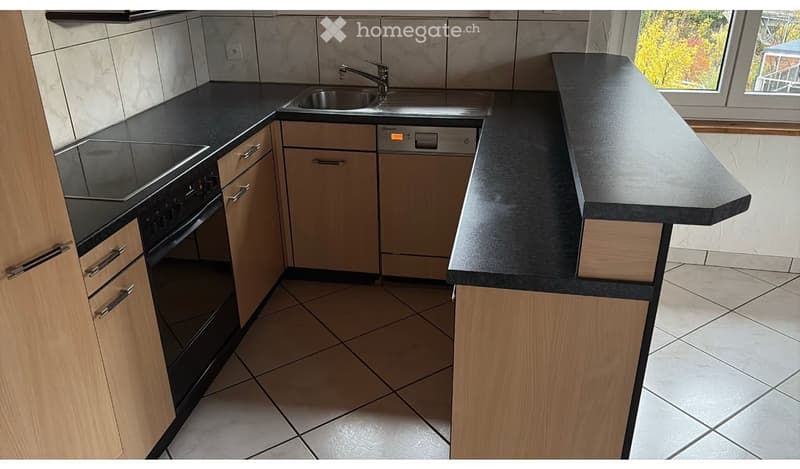 Modern kitchen with light wooden cabinets, black countertops, stainless steel sink, and built-in oven and dishwasher.