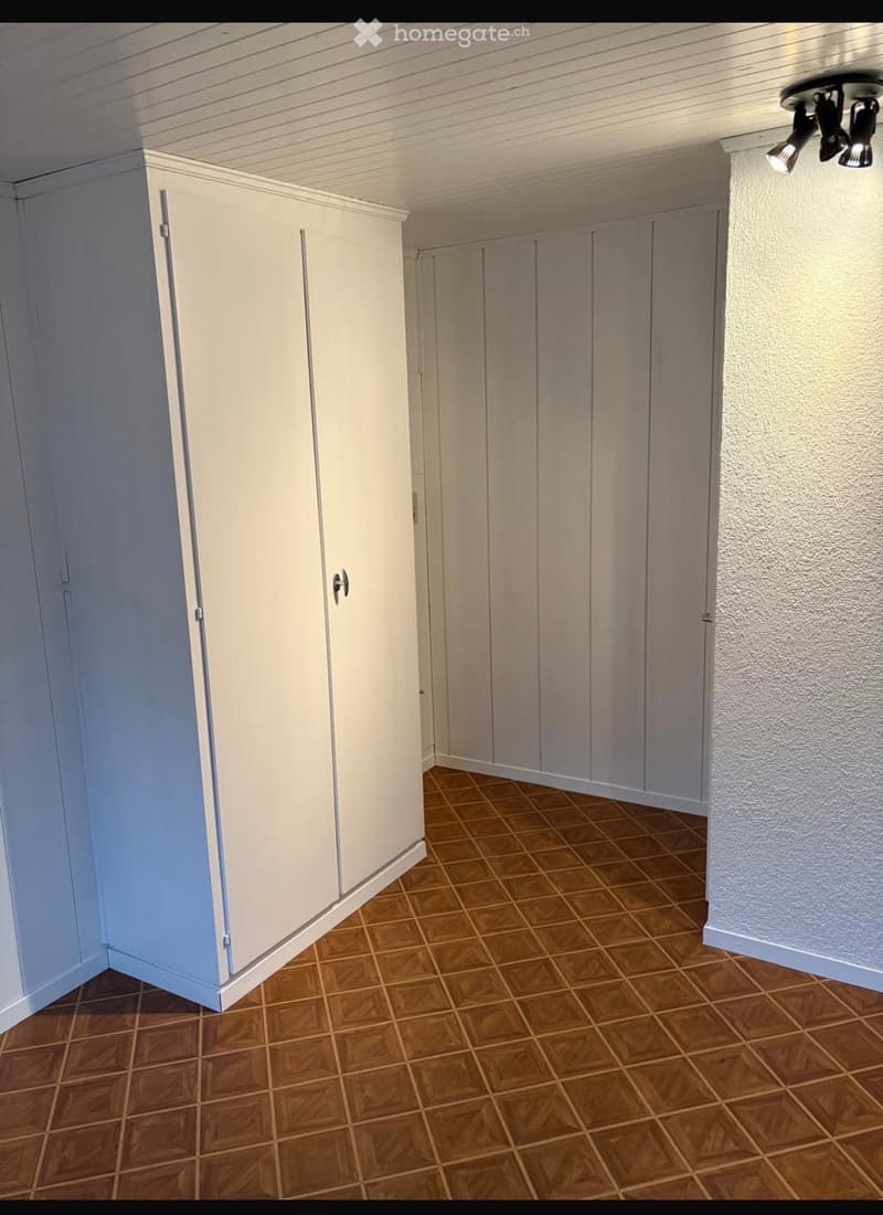 Empty room with wooden tiled flooring, white walls, and built-in white cabinets with doors.